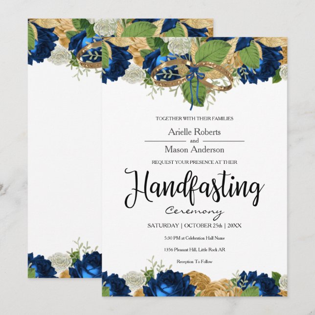 Navy Blue Roses Boho Gold Handfasting Invitation (Front/Back)