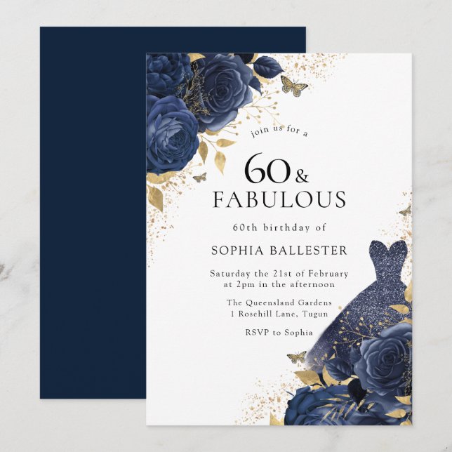 Navy Blue Roses & Dress Gold 60 & Fabulous 60th Invitation (Front/Back)