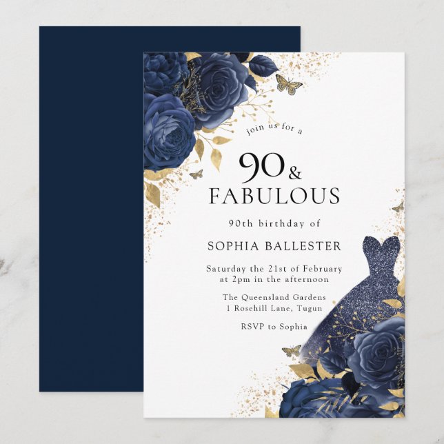 Navy Blue Roses & Dress Gold 90th Birthday Party Invitation (Front/Back)