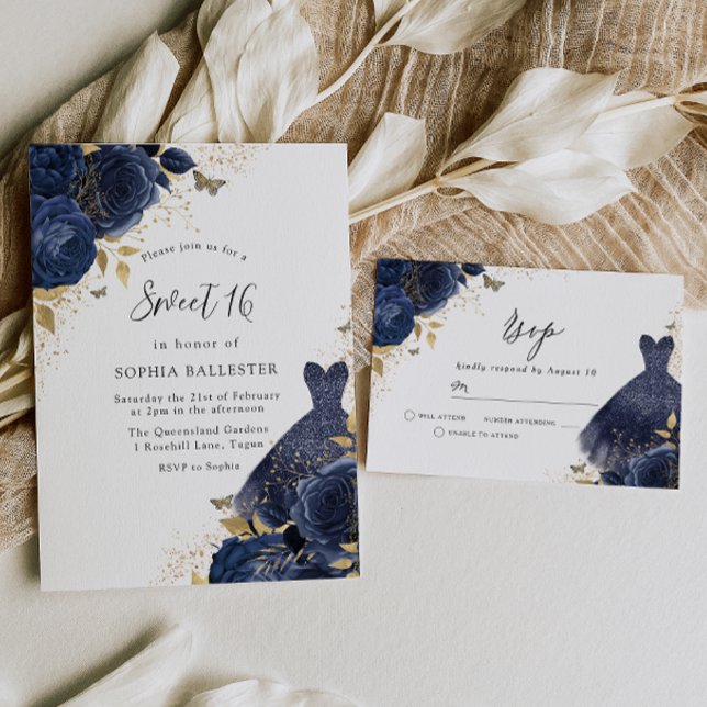 Navy Blue Roses & Dress Gold Sweet 16 Party Invitation (Creator Uploaded)