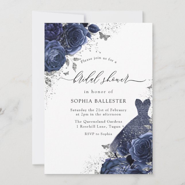 Navy Blue Roses & Dress Silver Bridal Shower Invitation (Front)