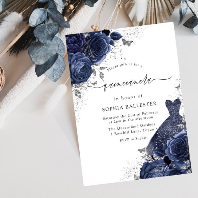 Navy Blue Roses & Dress Silver Quinceanera Party Invitation (Creator Uploaded)