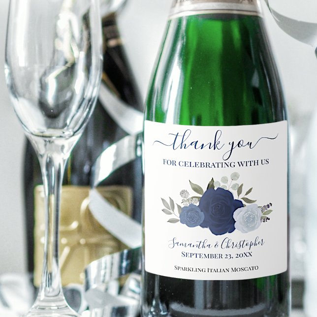 Navy Blue Roses Elegant Boho Wedding Thank You Sparkling Wine Label (Creator Uploaded)