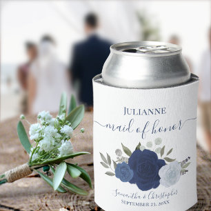 Navy Blue Roses Elegant Maid of Honour Wedding Can Cooler