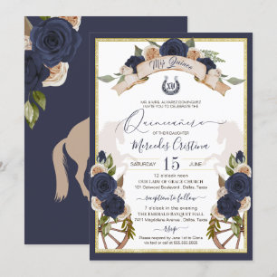 Navy Blue Roses Floral & Horses Charro Quinceanera Invitation