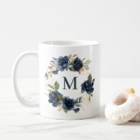 Navy Blue Roses Floral Wreath Gold Foil Monogram