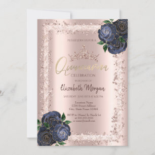 Navy Blue Roses, Glitter Frame Crown Quinceañera  Invitation
