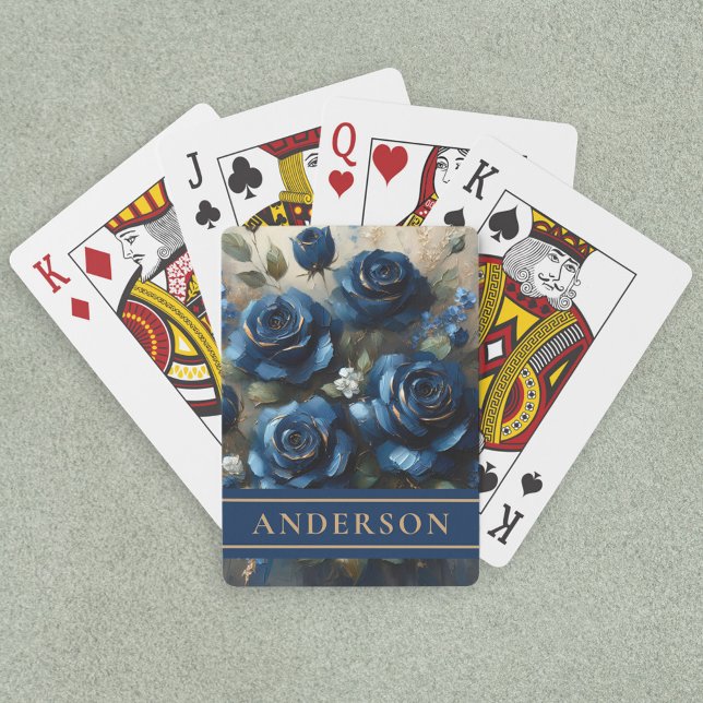 Navy Blue Roses Gold Gilding Family Name Playing Cards (Creator Uploaded)