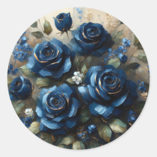 Navy Blue Roses Gold Gilding Impressionist Art Classic Round Sticker