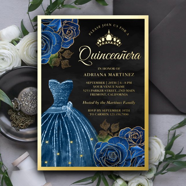 Navy Blue Roses Gown Black Quinceanera Gold (Creator Uploaded)