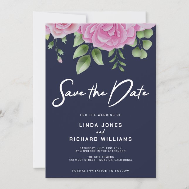 Navy Blue Roses Wedding Save The Date Invitation (Front)