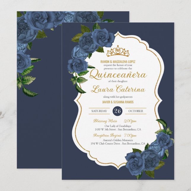 Navy Blue Roses White and Gold Elegant Quinceanera Invitation (Front/Back)