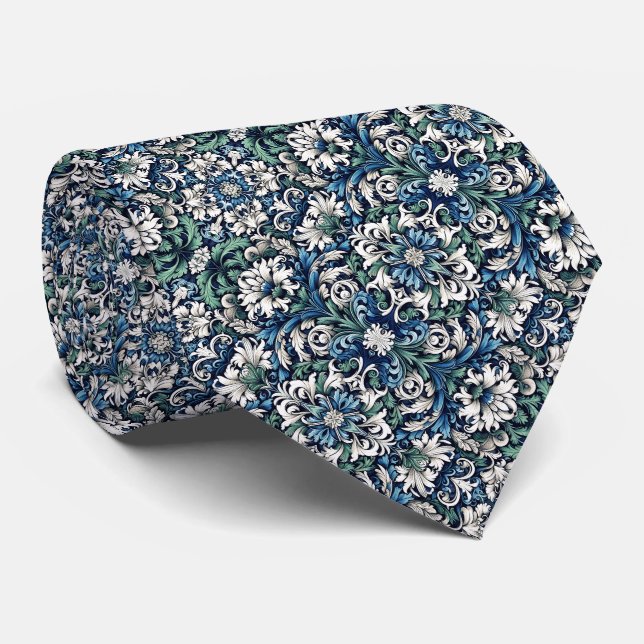Navy Blue, Royal Blue, Forest Green... Floral Tie (Rolled)
