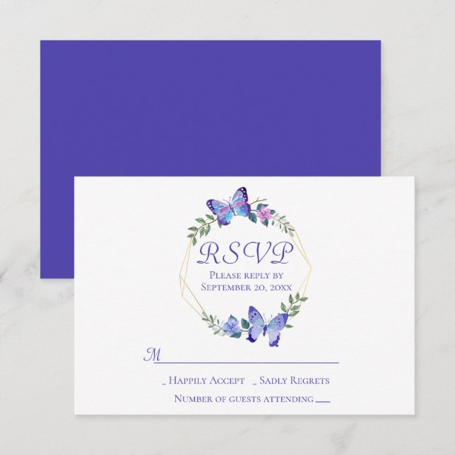 Navy Blue RSVP Butterfly Floral Wreath Wedding Invitation (Front/Back)