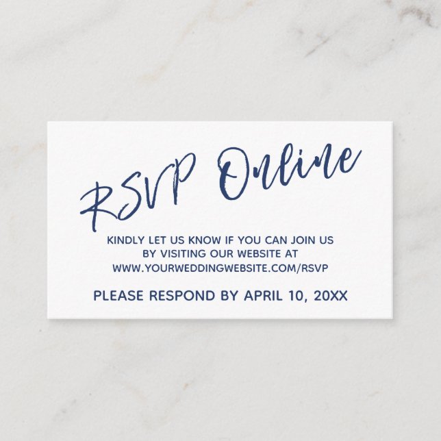 Navy Blue RSVP Online Casual Handwriting Enclosure Card (Front)