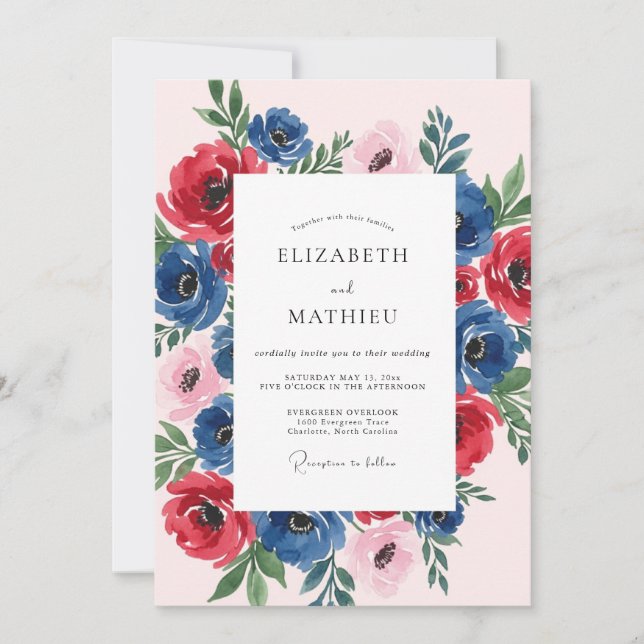 Navy Blue Ruby Blossoming Spring Wedding Invitation (Front)