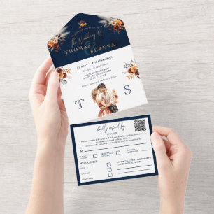 Navy Blue Rust All-In-One QR Code Pampas Grass  All In One Invitation