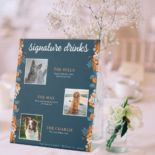 Navy Blue Rust Floral 3 Photo Pet Signature Drink Pedestal Sign