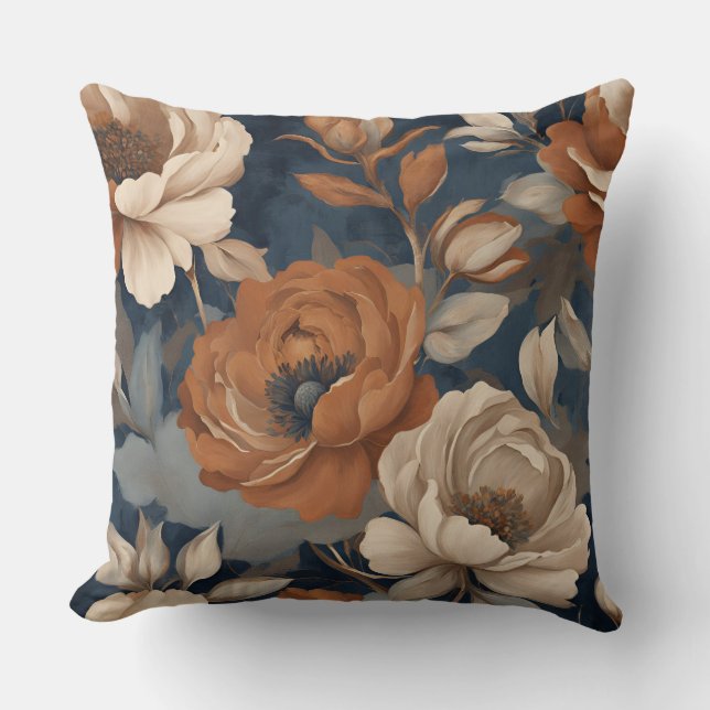 Navy Blue Rust Modern Farmhouse Floral Cushion (Front)