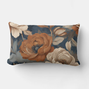 Navy Blue Rust Modern Farmhouse Floral Lumbar Cushion