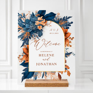 Navy Blue Rust Orange Elegant Wedding Welcome Acrylic Sign