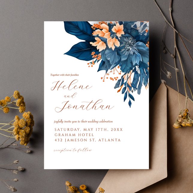 Navy Blue Rust Orange Floral Elegant Wedding Invitation (Navy Blue Rust Orange Floral Elegant Wedding Invitation)