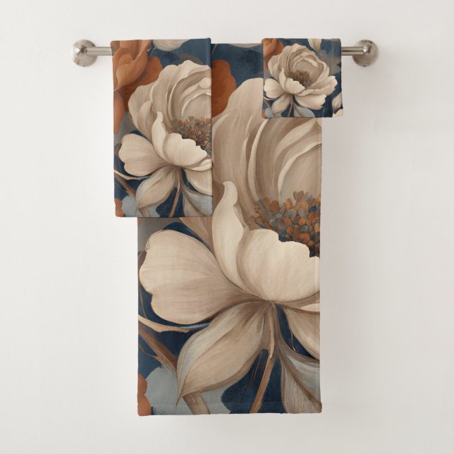 Navy Blue Rust Orange Modern Farmhouse Floral Bath Towel Set (Insitu)