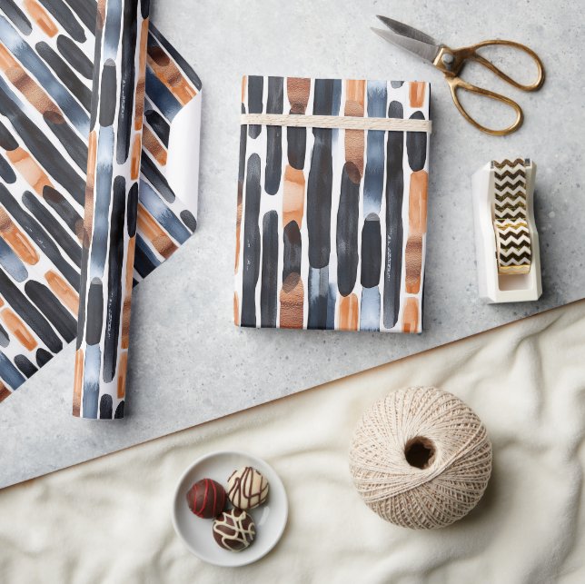 Navy Blue Rust Orange Stripes Birthday Wrapping Paper (Crafts)