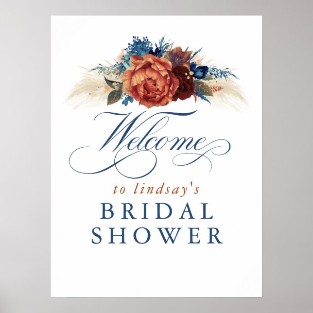 Navy Blue Rust Terracotta Bridal Shower Welcome Poster (Front)