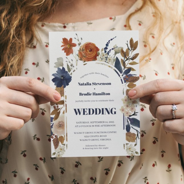 Navy Blue Rust Watercolor Boho Wedding Invitation (Creator Uploaded)