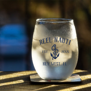 Navy Blue Rustic Anchor   Boat Name Stemless Wine Glass