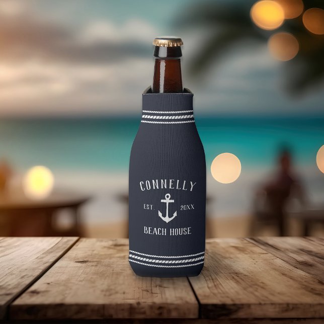 Navy Blue Rustic Anchor Personalised Beach House Bottle Cooler (Creator Uploaded)