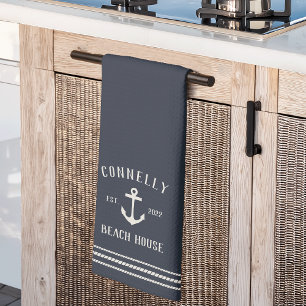 Navy Blue Rustic Anchor Personalised Beach House Tea Towel