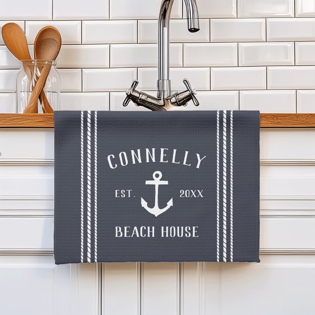 Navy Blue Rustic Anchor Personalised Beach House Tea Towel (Creator Uploaded)