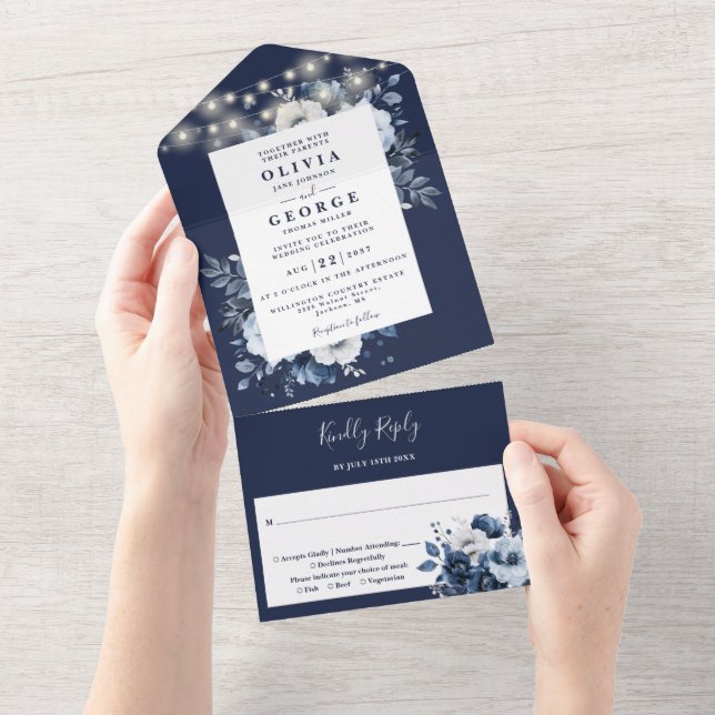Navy Blue Rustic Boho String Lights Floral Wedding All In One Invitation (Tearaway)