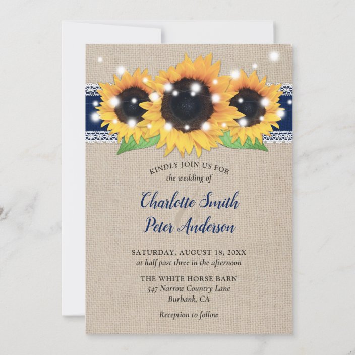Navy Blue Rustic Burlap Lace Sunflower Wedding Invitation