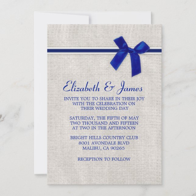 Navy Blue Rustic Burlap Wedding Invitations (Front)