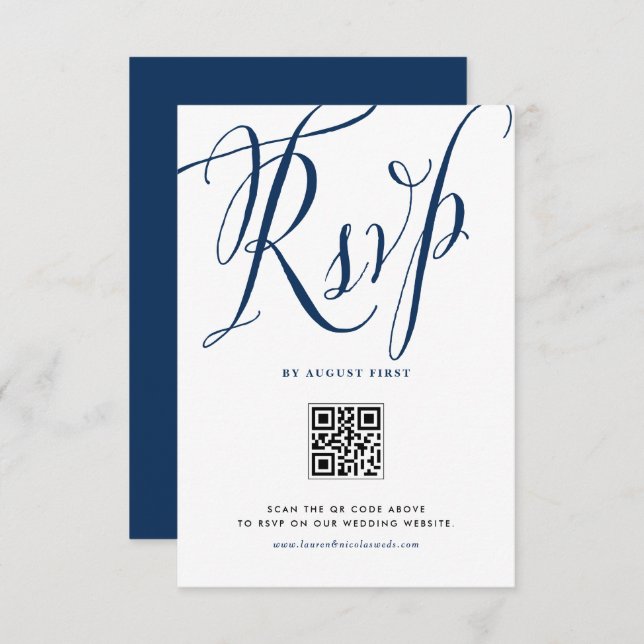Navy Blue Rustic Calligraphy QR Code Wedding RSVP Card (Front/Back)