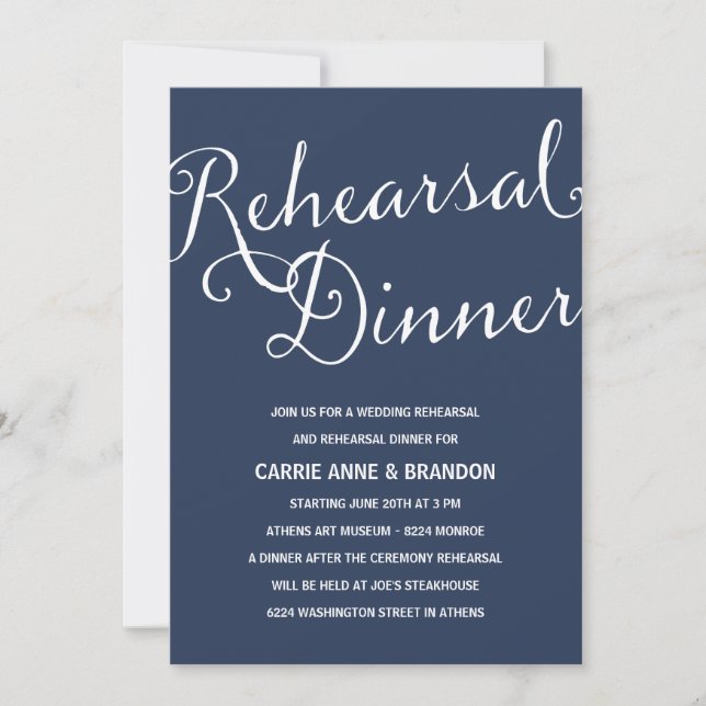 Navy Blue | Rustic Calligraphy Rehearsal Dinner Invitation (Front)