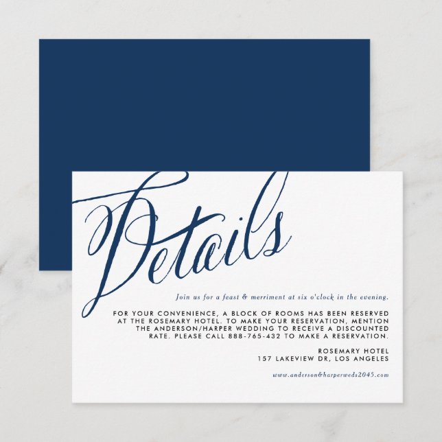 Navy Blue Rustic Calligraphy Wedding Details Enclosure Card (Front/Back)
