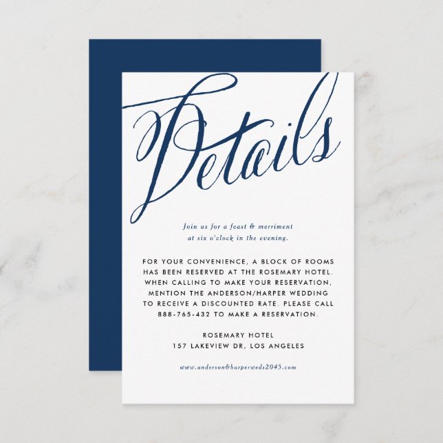 Navy Blue Rustic Calligraphy Wedding Details Enclosure Card (Front/Back)