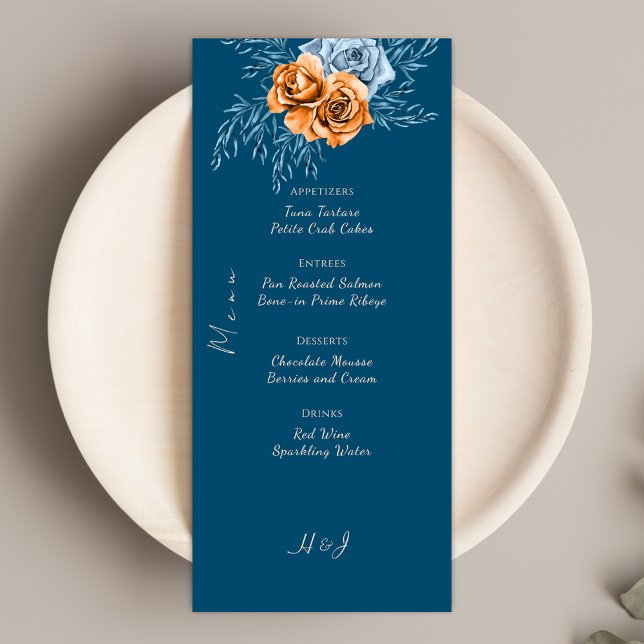 Navy Blue Rustic Chic Indigo Rust Floral Wedding Menu (Creator Uploaded)
