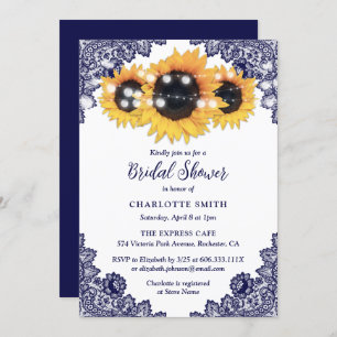 Navy Blue Rustic Chic Lace Sunflower Bridal Shower Invitation