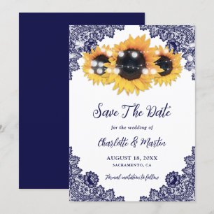 Navy Blue Rustic Chic Lace Sunflower Save The Date