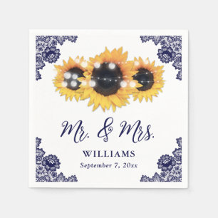 Navy Blue Rustic Chic Lace Sunflower Wedding Napkin