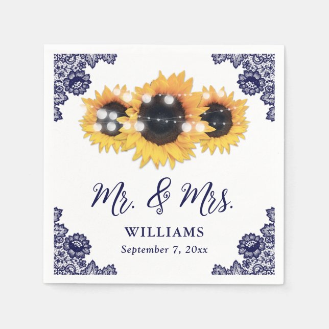 Navy Blue Rustic Chic Lace Sunflower Wedding Napkin (Front)