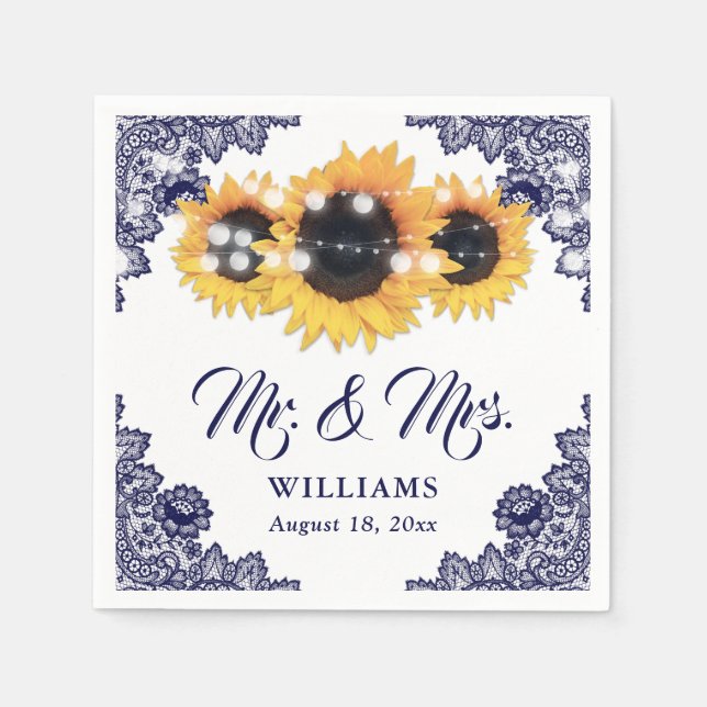 Navy Blue Rustic Chic Lace Sunflower Wedding Napkin (Front)