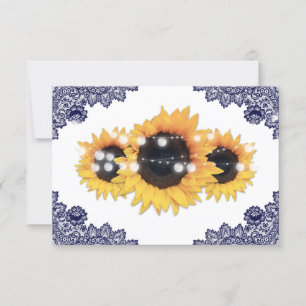 Navy Blue Rustic Chic Lace Sunflower Wedding RSVP Card