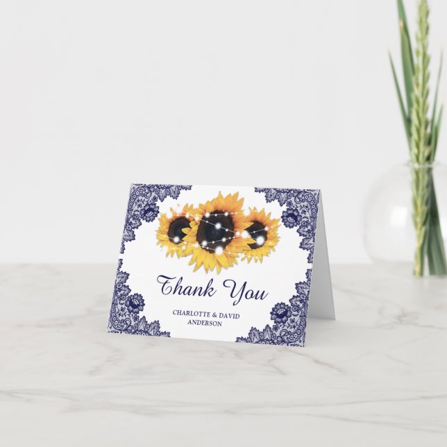 Navy Blue Rustic Chic Lace Sunflower Wedding Thank You Card (Front)