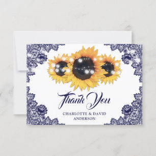 Navy Blue Rustic Chic Lace Sunflower Wedding Thank You Card